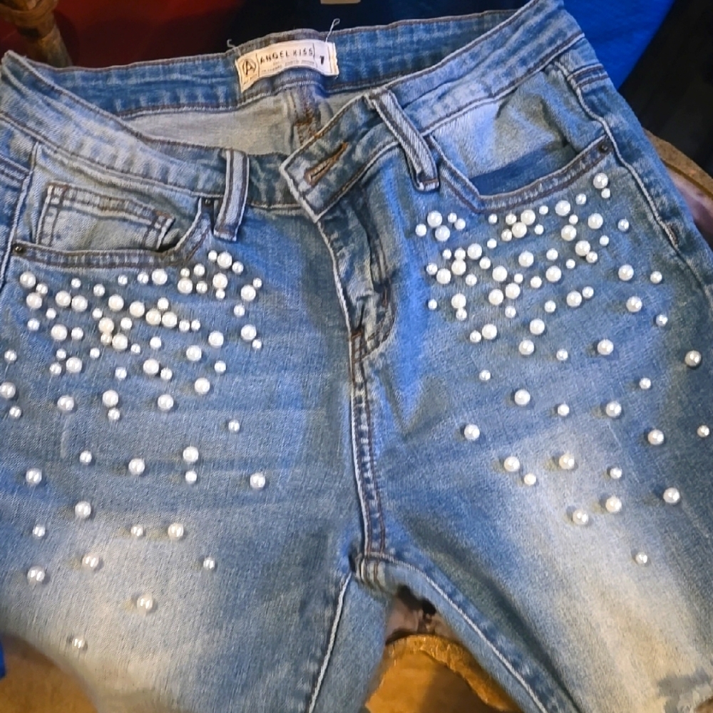 Angel Kiss Blue Pearl Embellished Women's Jeans